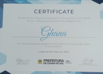Deaflympics: Brazilian Secretary of Sports and Leisure of Caxias presents certificate to Team Ghana