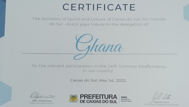 Deaflympics: Brazilian Secretary of Sports and Leisure of Caxias presents certificate to Team Ghana