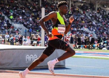 Ghanaian athlete Alex Amankwa breaks down after disqualification from the men’s 800-metres