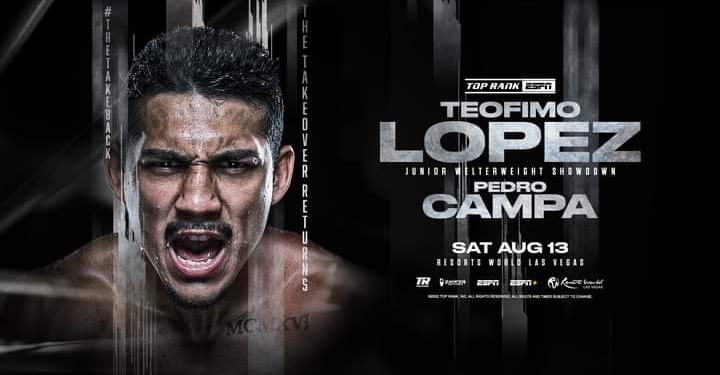 Teofimo Lopez returns in junior welterweight clash against Pedro Campa August 13 in Las Vegas