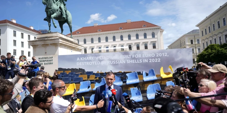 Ukraine display destroyed stadium stand in Munich in reminder of war ahead of Euro 2024 opener